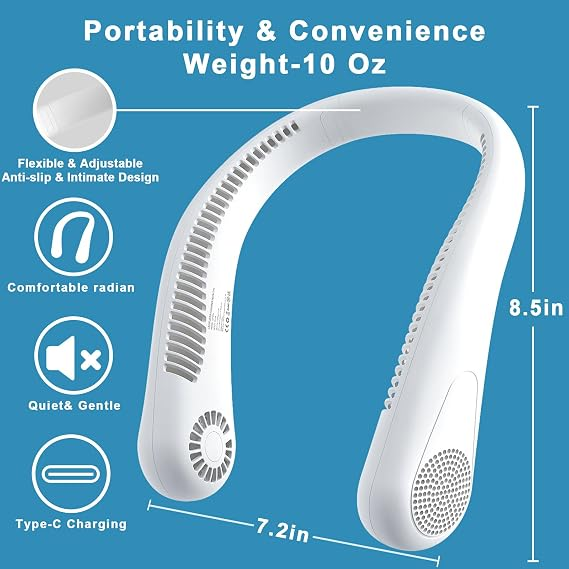 Portable Bladeless Rechargeable Neck Fan – Hands-Free USB Cooling Fan with 3 Speed Modes