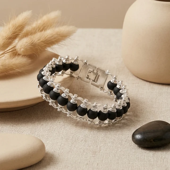 Japaksh Silver Plated Karungali Modern Bracelet - Natural Ebony Wood